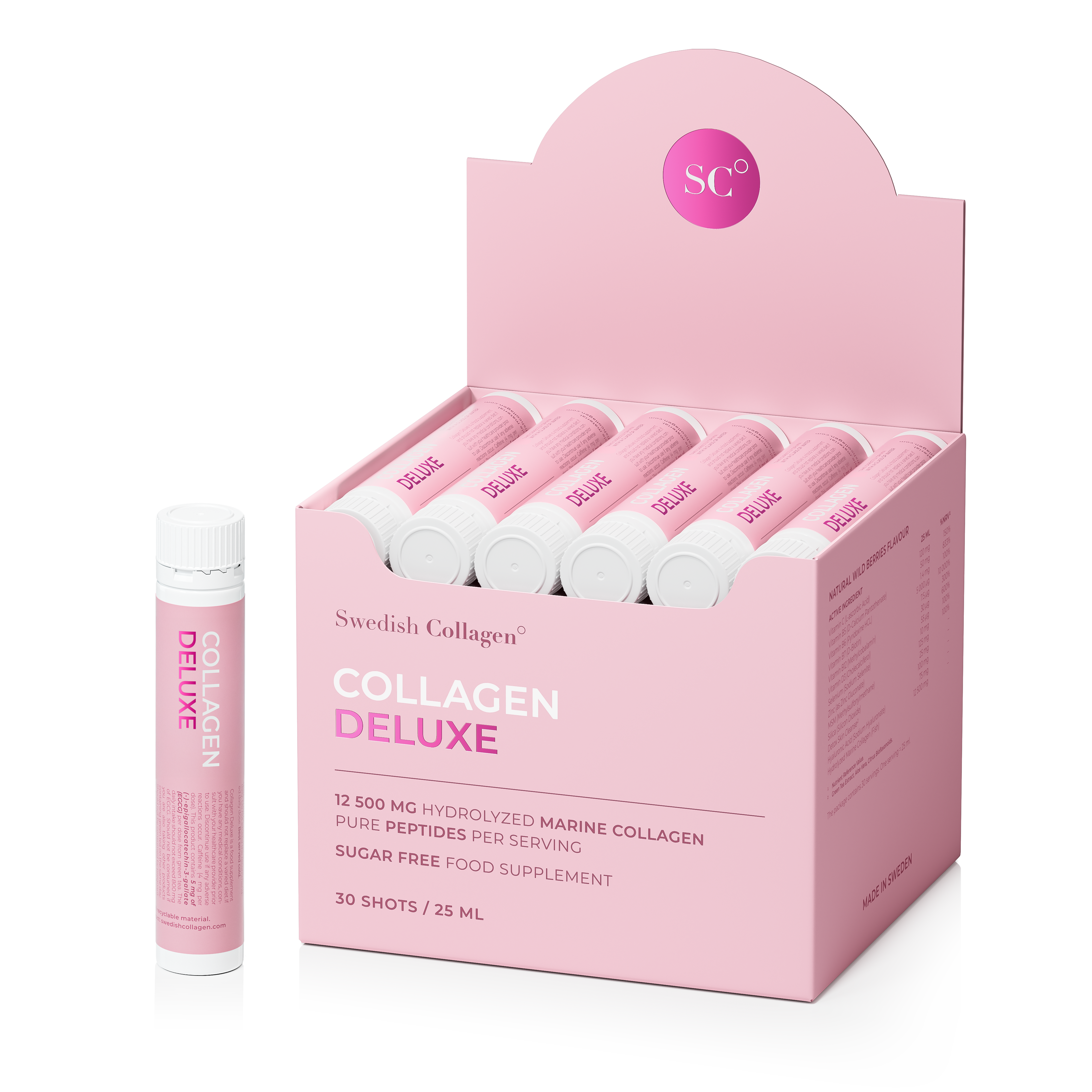 Swedish Nutra Swedish Collagen 12 500 mg 30shotów kolagenu morskiego z kwasem hialuronowym i witaminami o smaku jagodowym