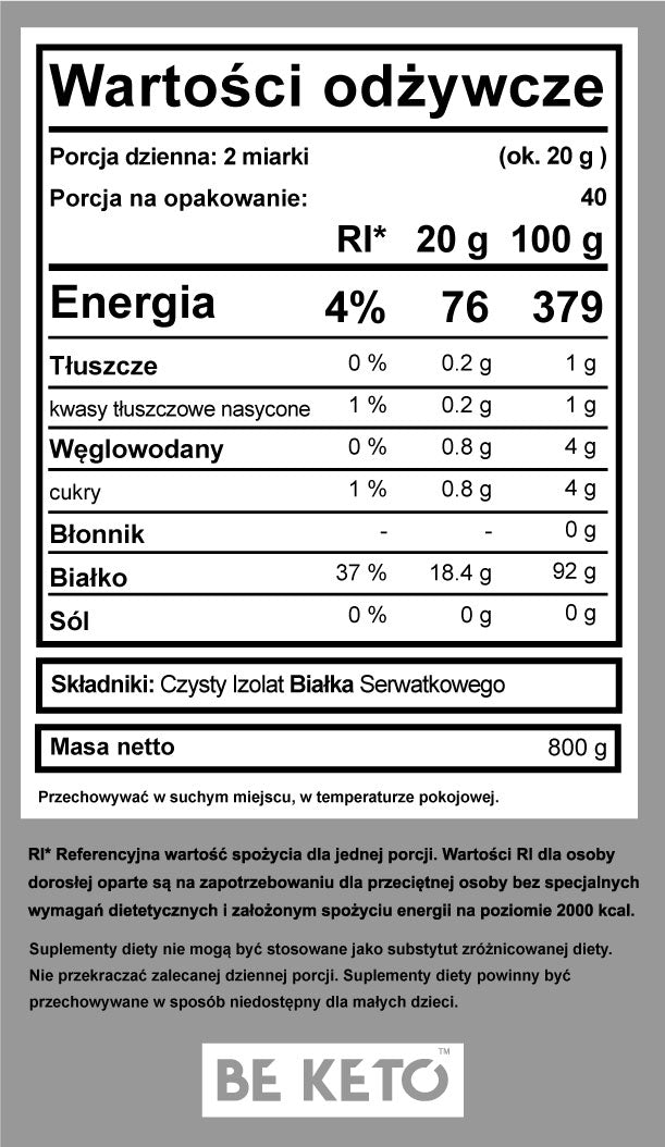 Czysty Izolat Białka – Bezsmakowy 800g BeKeto
