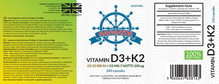 Navigator Witamina D3, 10 000 IU + Witamina K2 MK-7, 200 μg, 240 kapsułek