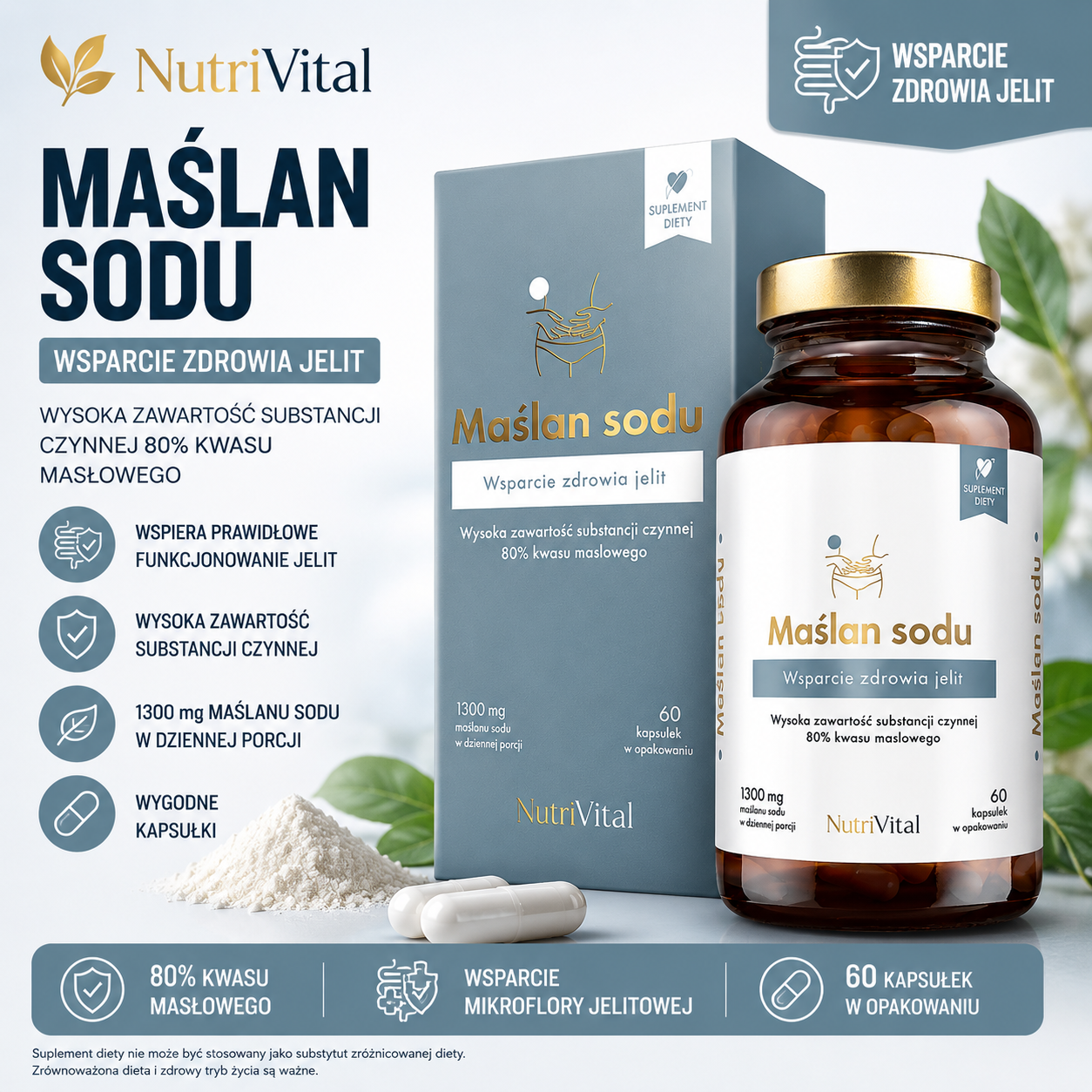 Maślan sodu Wsparcie układu pokarmowego 1300 mg 60 kaps NutriVital
