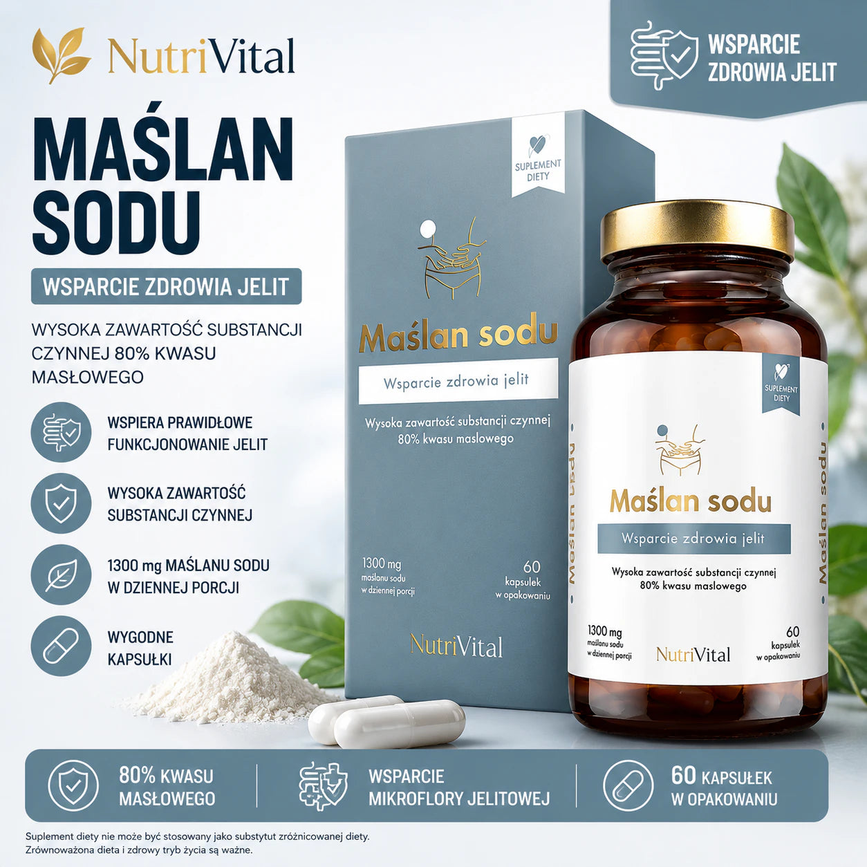 Maślan sodu Wsparcie układu pokarmowego 1300 mg 60 kaps NutriVital