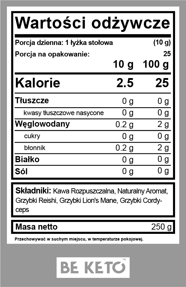 Kawa Rozpuszczalna – Mushroom (Lion’s Mane & Cordyceps & Reishi) – Francuska Wanilia 250g Be Keto