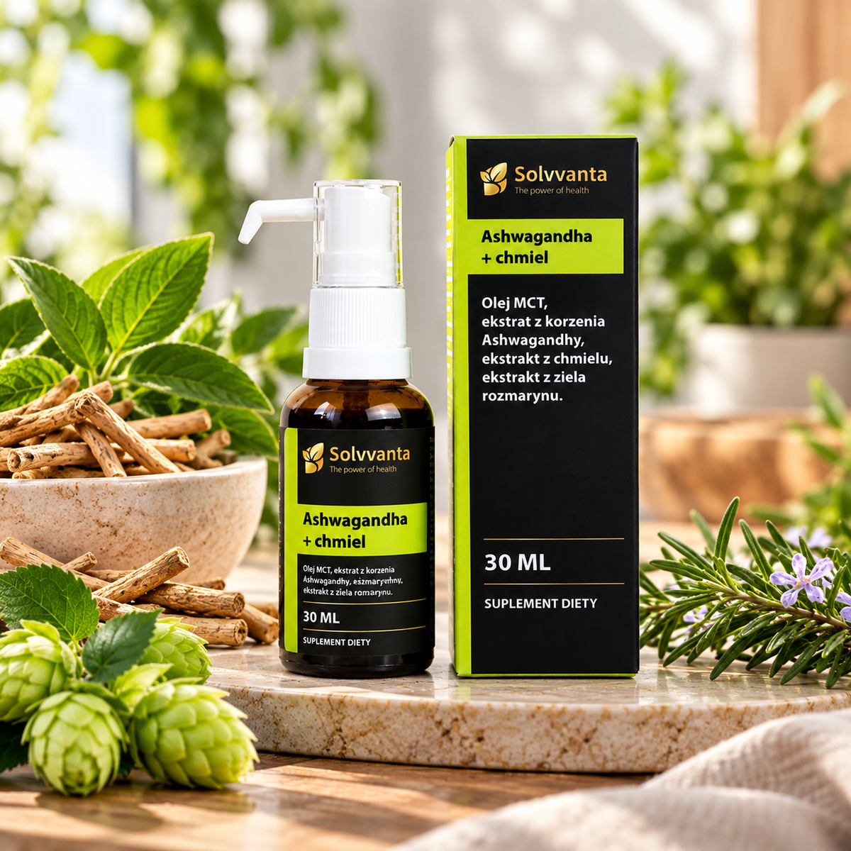 Ashwaganda Ekstrakt 10:1 z chmielem w oleju MCT 235 porcji 30 ml Solvvanta