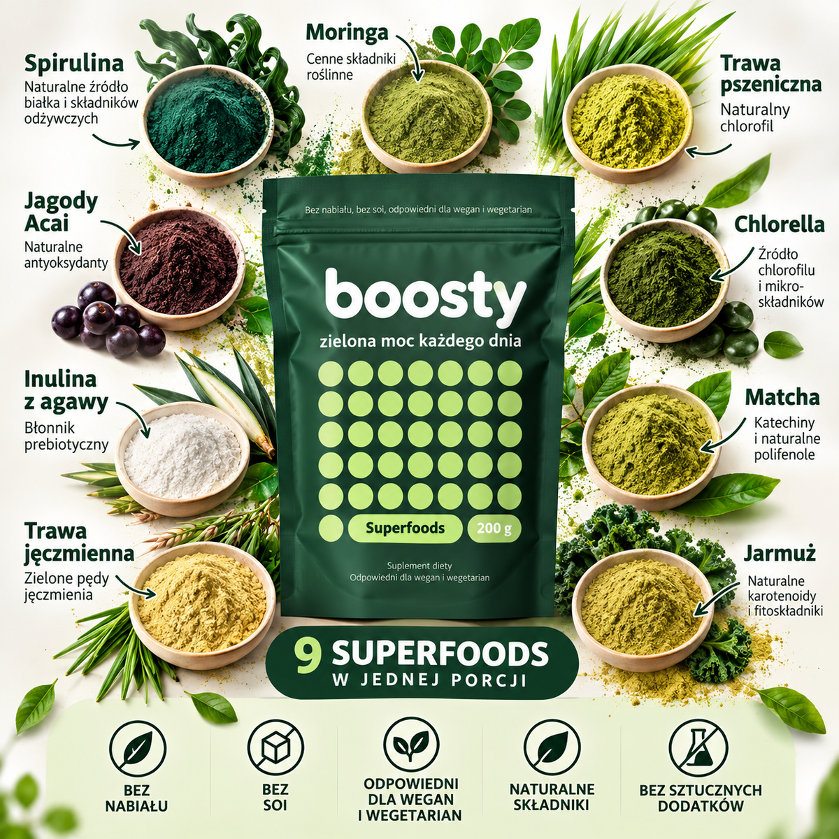 BOOSTY Zielona Moc Mieszanka Superfoods proszek 200 g Boostyfoods