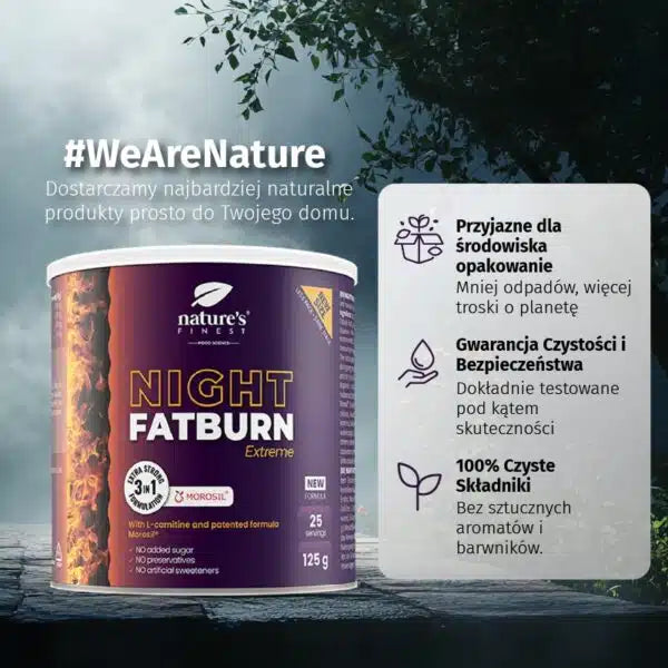 Nature's Finest Night Fat Burn Extreme 125g z Morosil i L-karnityną – 25 porcji, bez cukru, bez konserwantów, 100% czyste składniki