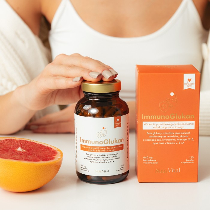 NutriVital ImmunoGlukan kapsułki 120szt – beta glukany 640mg, wsparcie odporności, koenzym Q10, cynk, witaminy C E A