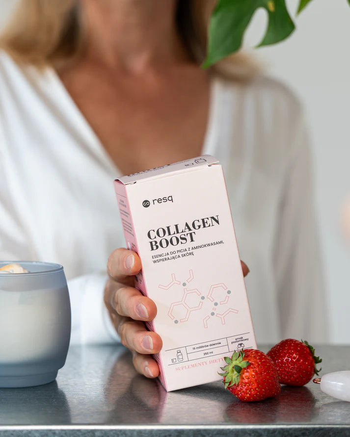 Resq Collagen Boost esencja do picia z aminokwasami wspierająca skórę – 250ml, 15ml dziennie, smak truskawkowy