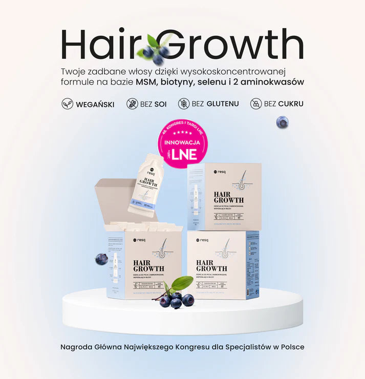 Resq Hair Growth – suplement na włosy, wegański, bez glutenu, bez cukru, MSM, biotyna, selen, nagroda LNE