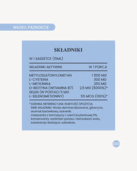 Składniki suplementu na włosy i paznokcie – MSM 1000mg, L-cysteina, biotyna 2,5mg, selen, saszetka 15ml
