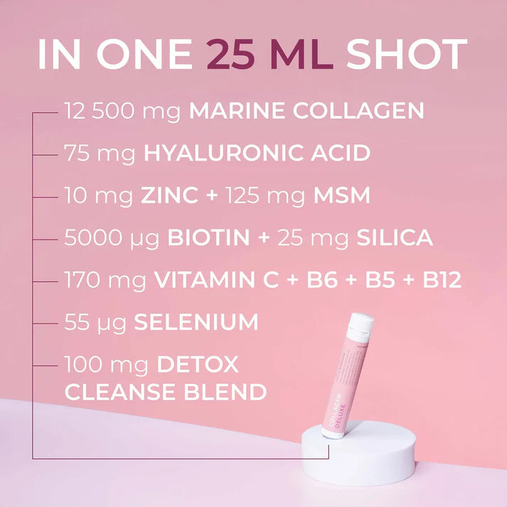 Swedish Collagen Deluxe ampułka 25ml – kolagen morski 12500mg, kwas hialuronowy, biotyna 5000µg, witamina C, selen, cynk