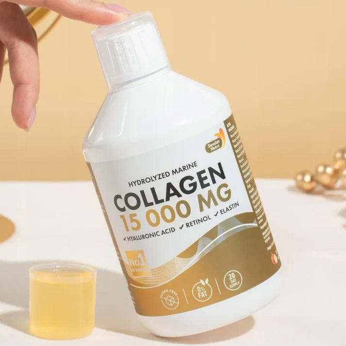 Swedish Nutra kolagen morski 15000mg płyn – z kwasem hialuronowym, retinolem i elastyną, bez cukru, 0% tłuszczu